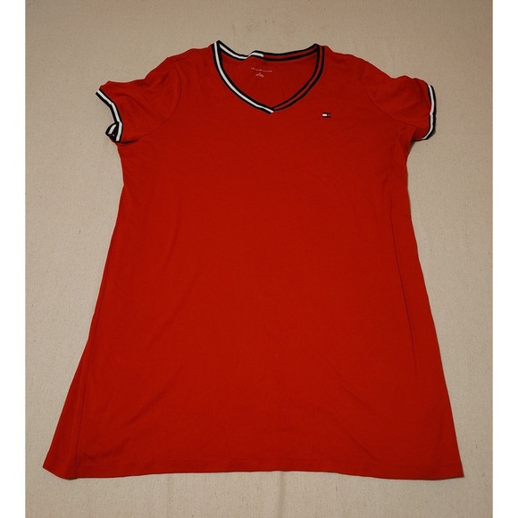 Tommy Hilfiger Other - Tommy Hilfiger Womens Red V-Neck Night Shirt Size 2X Striped Trim Logo